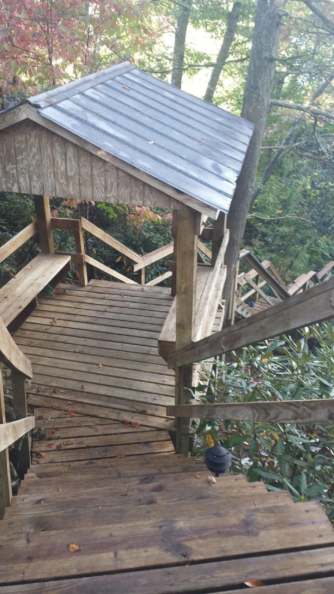 Metal roofed shelter over wooden steps on a wooded walkway — Skylight Repair & Installation work by our crew in Salt Lick